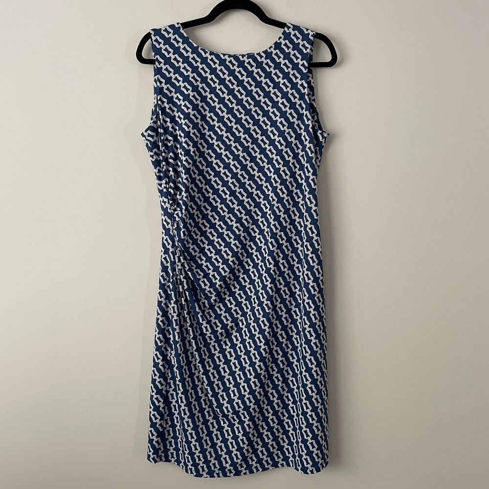 J Mclaughlin Catalina Cloth Chain Print Shift Dress Blue L Ruched Stretch Preppy